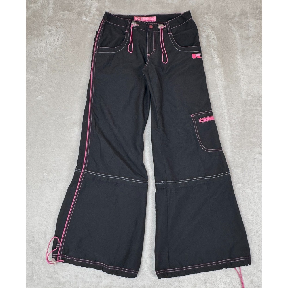 VTG 90s Y2K Kikgirl Cargo Pants Womens Size 5 Black Preowned Wide Leg Zip Off‎